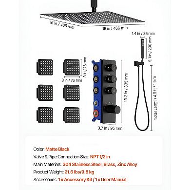 3-Function Thermostatic Shower with Overhead Rain, Handheld Hose, and Massage Jets