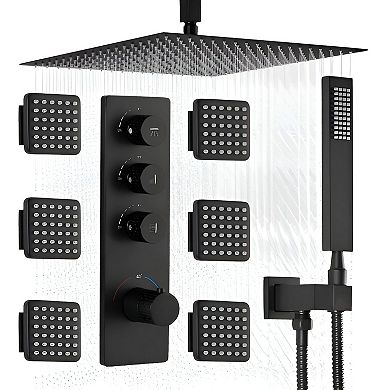 3-Function Thermostatic Shower with Overhead Rain, Handheld Hose, and Massage Jets