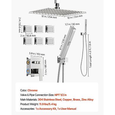 Multi-Function Shower System with Body Jets, 10" Overhead Rain, and Handheld Spray