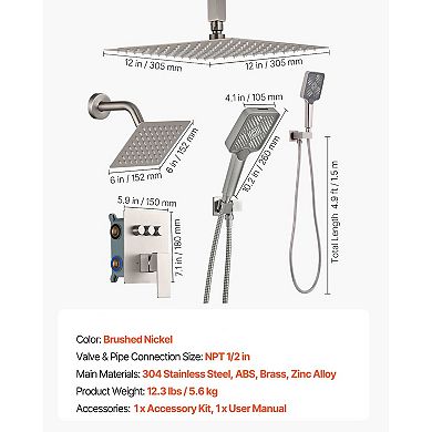 3-Function Shower System with Rainfall Head, Side Shower, and 4-Setting Handheld