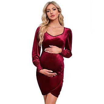 Women's Maternity Velvet Dress Bodycon Long Sleeve Sweetheart Ruched Wrap Dress