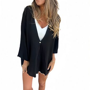 Women's Deep V Neck Midi Long Sleeve Loose Open Front Shirts Soft Solid Coats