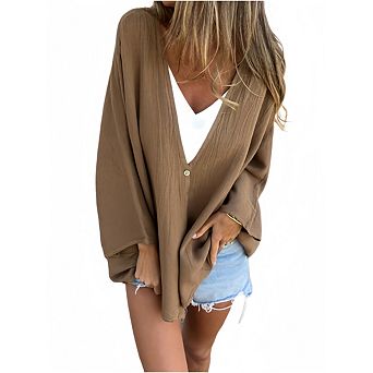 Women's Deep V Neck Midi Long Sleeve Loose Open Front Shirts Soft Solid Coats
