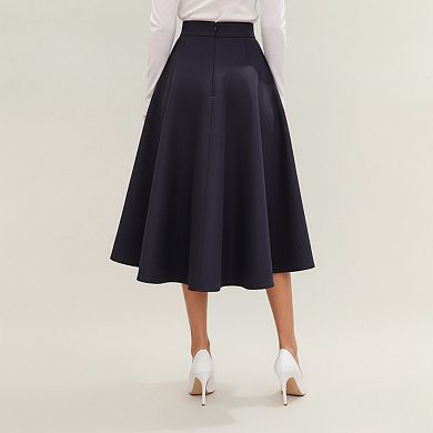 Women's Midi A-Line Skirt with Structured High Waist and Button-Tab Pocket Accents