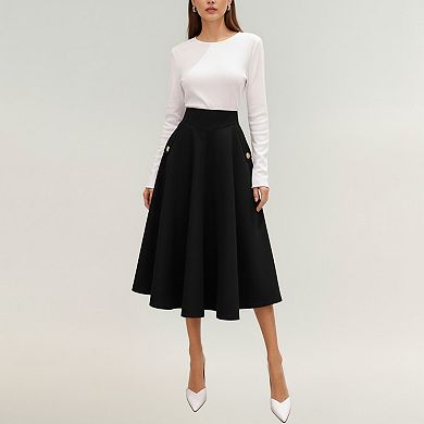 Women's Midi A-Line Skirt with Structured High Waist and Button-Tab Pocket Accents