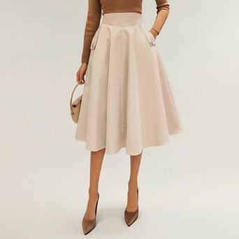 Women's Midi A-Line Skirt with Structured High Waist and Button-Tab Pocket Accents