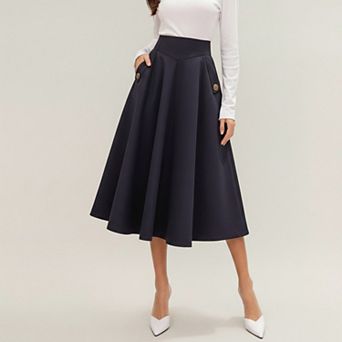 Women's Midi A-Line Skirt with Structured High Waist and Button-Tab Pocket Accents