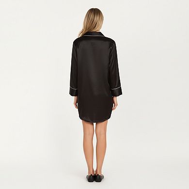 Women's Satin Button-Front Sleep Shirt with Contrast Piping Trim and Relaxed Long Sleeve Silhouette