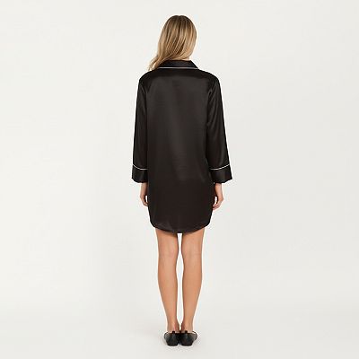 satin sleep shirt dress Women's Bedtime Stretch Satin Long Sleeve Pajama Sleep Shirt in Black Size Small