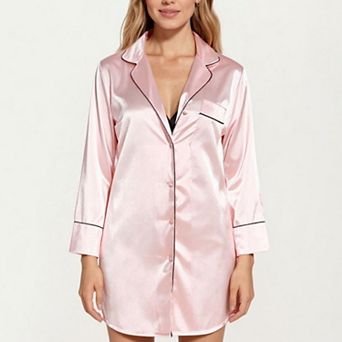 Women's Satin Button-Front Sleep Shirt with Contrast Piping Trim and Relaxed Long Sleeve Silhouette
