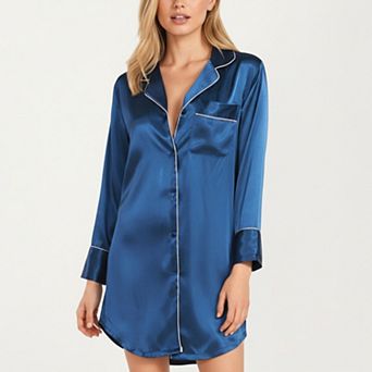 Women's Satin Button-Front Sleep Shirt with Contrast Piping Trim and Relaxed Long Sleeve Silhouette