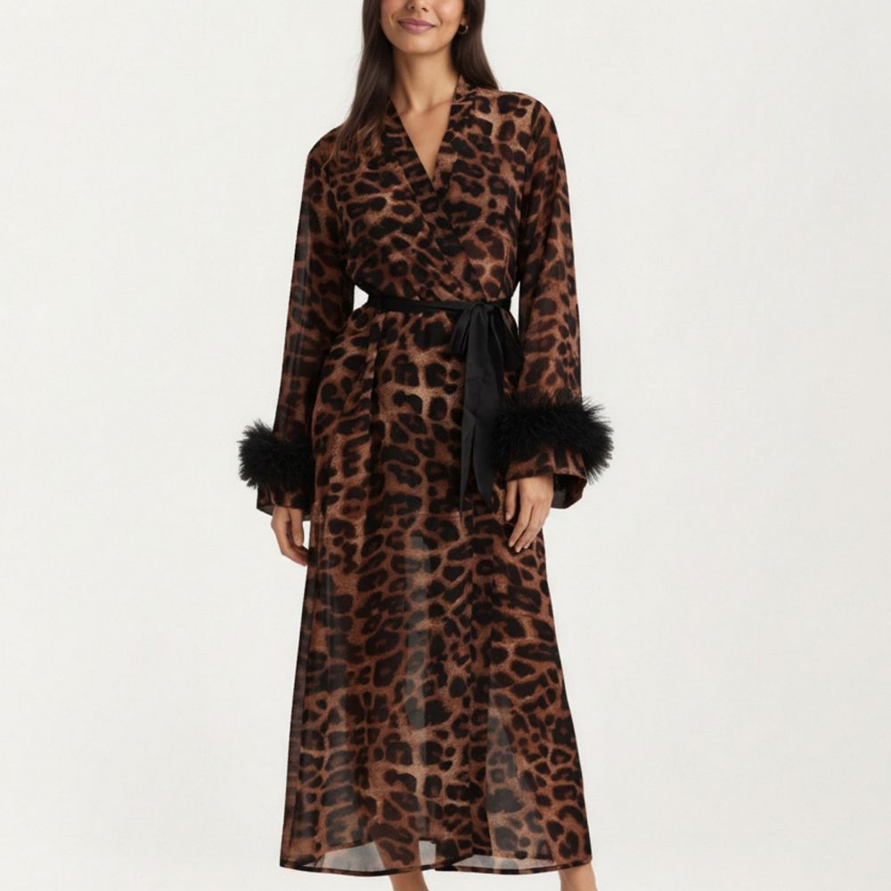 Women's Leopard Print Mesh Robe Dress with Feather Sleeves and Satin ...