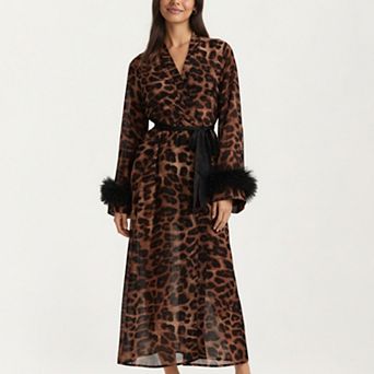 Women's Leopard Print Mesh Robe Dress with Feather Sleeves and Satin Tie Waist