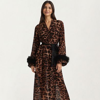 Women's Leopard Print Mesh Robe Dress with Feather Sleeves and Satin Tie Waist