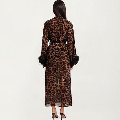 Women's Leopard Print Mesh Robe Dress with Feather Sleeves and Satin Tie Waist