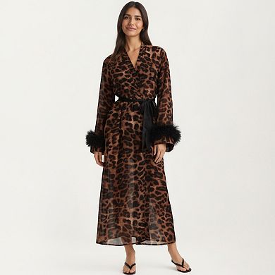 Women's Leopard Print Mesh Robe Dress with Feather Sleeves and Satin Tie Waist