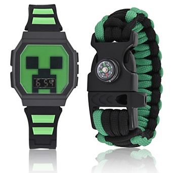 Minecraft Kids&rsquo; Creeper Light-Up LCD Watch with Corded Bracelet Set – MIN40000KL