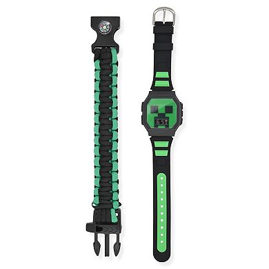 Minecraft Kids’ Creeper Light-Up LCD Watch with Corded Bracelet Set – Model MIN40000KL