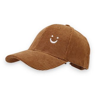 Corduroy Baseball Cap with Soft Ribbed Texture and Embroidered Smiley Detail