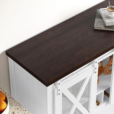 IDEALHOUSE Farmhouse Wine Bar Cabinet with Sliding Doors