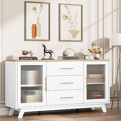 IDEALHOUSE Sideboard with Fluted Glass Doors & 3 Drawers
