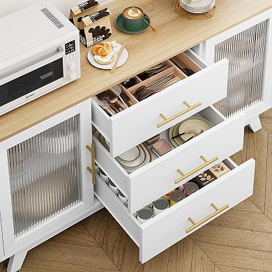 IDEALHOUSE Sideboard with Fluted Glass Doors & 3 Drawers