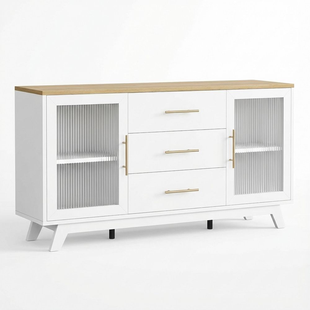 <週末価格>3ドア Low Cabinet 白　*送料込み IDEALHOUSE Sideboard with Fluted Glass Doors & 3 Drawers