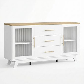 IDEALHOUSE Sideboard with Fluted Glass Doors & 3 Drawers