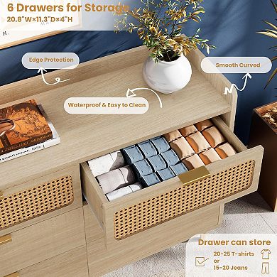 IDEALHOUSE 6-Drawer Rattan Dresser with Fence Top