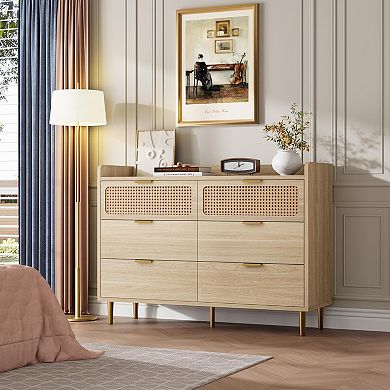 IDEALHOUSE 6-Drawer Rattan Dresser with Fence Top