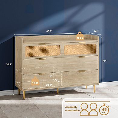 IDEALHOUSE 6-Drawer Rattan Dresser with Fence Top