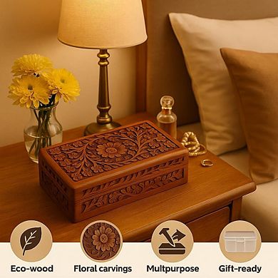 STORE INDYA Handmade Floral Carved Wooden Jewelry Box
