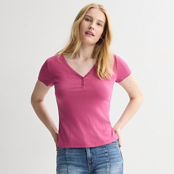 Juniors' Pink Republic Short Sleeve Henley Tee