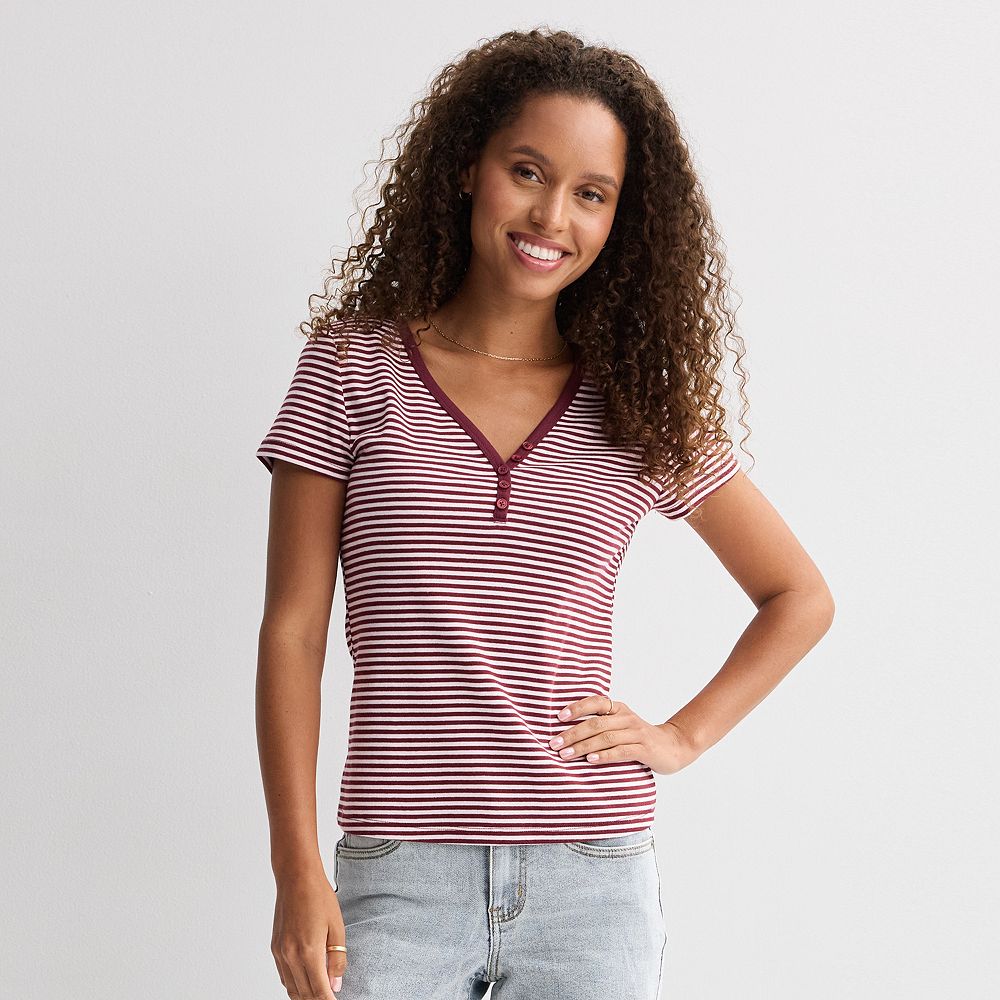 Juniors' Pink Republic Short Sleeve Henley Tee