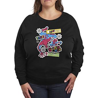 Plus Size Marvel Spider-Man Stickers French Terry Long Sleeve Tee
