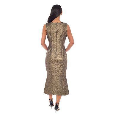 Women's Brocade V-Neck Slim Midi Dress