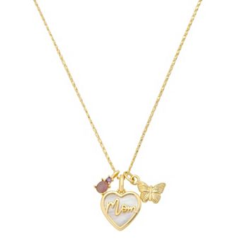 Love This Life® 14k Gold Flash Plated Cubic Zirconia "Mom" Mother-of-Pearl Heart & Butterfly Charm Pendant Necklace