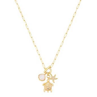 Love This Life® 14k Gold Flash Plated Cubic Zirconia Turtle & Starfish Charm Pendant Necklace