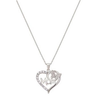 Brilliance Fine Silver Plated Cubic Zirconia "Mom" Heart Butterfly Pendant Necklace