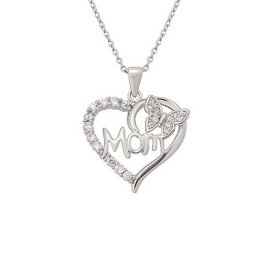 Brilliance Fine Silver Plated Cubic Zirconia "Mom" Heart Butterfly Pendant Necklace