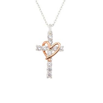 Brilliance Fine Silver Plated Cubic Zirconia Cross Heart Pendant Necklace