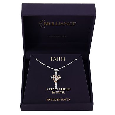 Brilliance Fine Silver Plated Cubic Zirconia Cross Heart Pendant Necklace