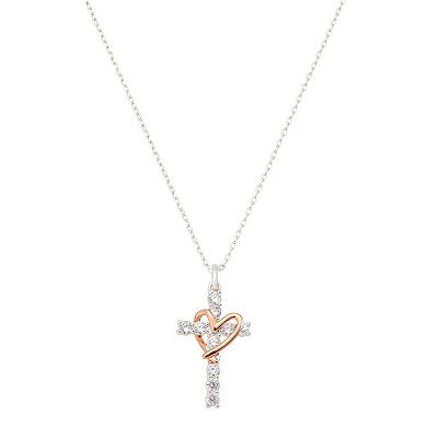Brilliance Fine Silver Plated Cubic Zirconia Cross Heart Pendant Necklace
