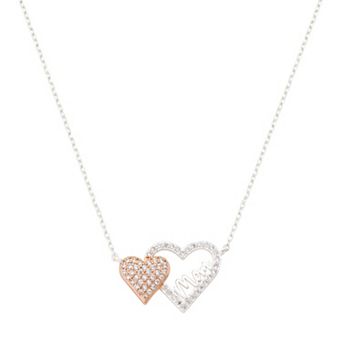 Brilliance Fine Silver Plated Cubic Zirconia Double Heart "Mom" Pendant Necklace
