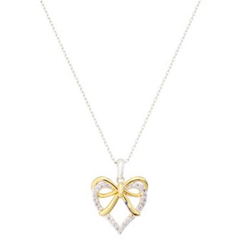 Brilliance Fine Silver Plated Cubic Zirconia Two-Tone Heart & Bow Pendant Necklace