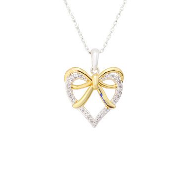 Brilliance Fine Silver Plated Cubic Zirconia Two-Tone Heart & Bow Pendant Necklace
