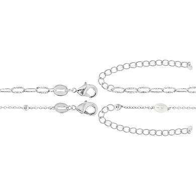 PRIMROSE Fine Silver Plated Simulated Pearl & Cubic Zirconia Diamond Cut Paperclip Link Chain Duo Set