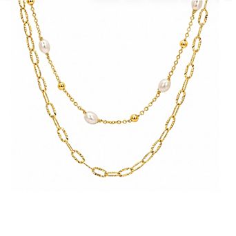 PRIMROSE Fine Silver Plated Simulated Pearl & Cubic Zirconia Diamond Cut Paperclip Link Chain Duo Set