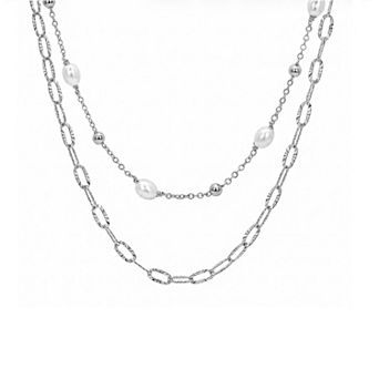PRIMROSE Fine Silver Plated Simulated Pearl & Cubic Zirconia Diamond Cut Paperclip Link Chain Duo Set