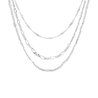 PRIMROSE Fine Silver Plated Cubic Zirconia Heart Station, Singapore & Figaro Chain Trio Set